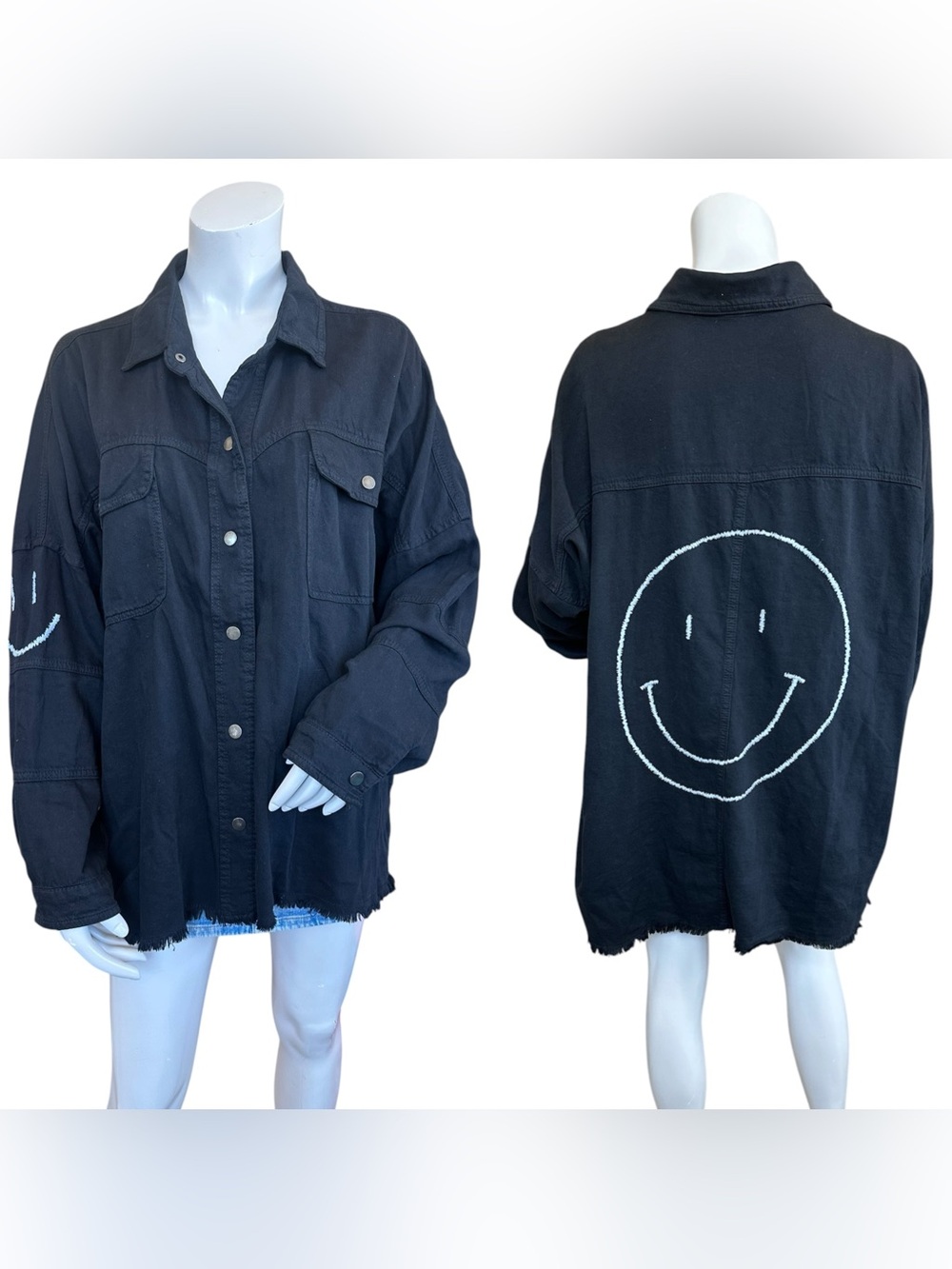 Elan Black Oversized Raw Hem Cotton White Smiley Face Button Down Shacket Large
